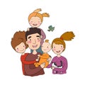 A happy family. Parents with children. Cute cartoon dad, mom, daughter, son and baby. Royalty Free Stock Photo