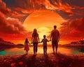 A happy family with parents, kids, and sunset. (Generative AI)