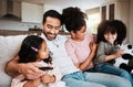 Happy family, parents and kids watching tv in home of movies, film broadcast or relax in living room. Mother, father and