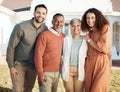 Happy family, parents and portrait of couple at new home due to real estate laughing together and bonding as love Royalty Free Stock Photo