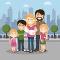 Happy family with parents, three children and babyborn in a city