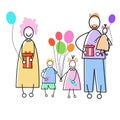 Happy Family Parents Three Children Holding Balloons Presents Holiday Concept