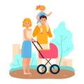 Happy family in park with baby stroller, father carries daughter on shoulders. Casual outing depicts family leisure