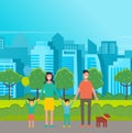 Happy family in the park. Father, mother, son and daughter together in nature vector illustration Royalty Free Stock Photo