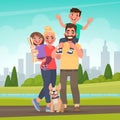 Happy family in the park. Father, mother, son and daughter together in nature. Vector illustration Royalty Free Stock Photo