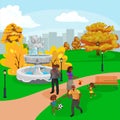 Happy family in park with fountain, boys and girls playing outdoors around garden waterfall, casual people in vacation