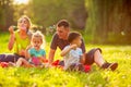 Happy family in the park- family with children blow soap bubbles Royalty Free Stock Photo