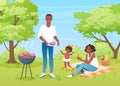 Happy family people on bbq picnic, mother father and girl characters have fun together