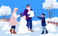 Happy family people build snowman in winter snow scenery, mother, father and child play