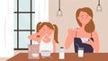 Happy family people eat breakfast food, funny mother, girl daughter eating morning meal