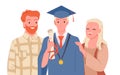 Happy family people and graduate standing together, boy in blue gown, medal and hat