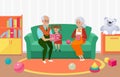 Happy family people read book together, grandmother grandfather granddaughter reading