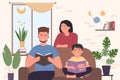 Happy family people reading story books, sitting on sofa in cozy home living room Royalty Free Stock Photo