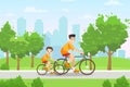 Happy family people ride bicycles sport vector illustration. Cartoon young father and son characters in sportswear Royalty Free Stock Photo