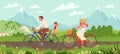 Happy family people ride bikes on path of spring mountain landscape, healthy leisure Royalty Free Stock Photo