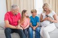 Happy family with pet bunny Royalty Free Stock Photo