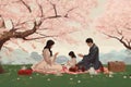 Happy family picnic in cherry blossom sakura garden. Vector illustration, A family having a picnic under a cherry blossom tree, AI