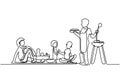 Happy family picnic one line continuous drawing. Vector couple with food, snacks and meals. People relaxation and refreshing sit Royalty Free Stock Photo