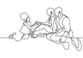 Happy family picnic one line continuous drawing. Vector couple with food, snacks and meals. People relaxation and refreshing sit Royalty Free Stock Photo