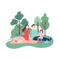 Happy family at picnic in park. Smiling man, woman and kid eating food on geen grass. Vector flat cartoon illustration