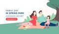 Happy family landing page template. Young man, woman and kid eating food in the park . Vector flat cartoon illustration