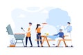 Happy family at a picnic is preparing a barbeque grill outdoors. Vector illustration in a flat style in light blue color theme