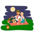 Happy family picnic resting. Young couple outdoors. Summer family picnic. Vector Illustration. Royalty Free Stock Photo