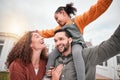 Happy family, piggy back and parents with child in yard of new house, happiness and security at home. Interracial mother Royalty Free Stock Photo