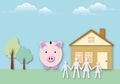 Happy family with piggy bank and house, Concept for financial planning, business investment. Royalty Free Stock Photo