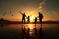 Happy family playing on the beach at sunset. Concept of friendly family, Happy family jumping together on the beach silhouette, AI Royalty Free Stock Photo