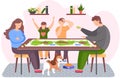 Happy family is playing board game together. Puppy is walking under the table. Characters at home