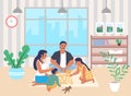 Happy family playing board game together sitting on the floor in living room, flat vector illustration. Royalty Free Stock Photo