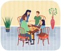 Happy family playing at home together. Puzzle table game, entertainment for parents and children.