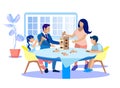 Happy Family Playing Jenga at Home Flat Cartoon Royalty Free Stock Photo