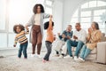 Happy family, playing and mother having fun with children in a home in winter and bonding together in a vacation house Royalty Free Stock Photo