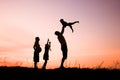 Happy family playing on nature summer silhouette