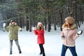 Happy family playing snowballs in forest Royalty Free Stock Photo