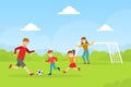 Happy Family Playing Soccer Outdoors, Mother, Father, Daughter and Son Spending Time Together Cartoon Vector Royalty Free Stock Photo