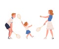 Happy family playing tennis. Parents and their daughter doing sports together cartoon vector illustration Royalty Free Stock Photo