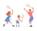 Happy family playing tennis. Parents and their son doing sports together cartoon vector illustration Royalty Free Stock Photo