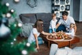 Happy family playing with toy railway road at home Royalty Free Stock Photo