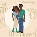 Happy family portrait, African American, black parents. Father and mother hug the child. Vector flat cartoon Royalty Free Stock Photo