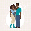 Happy family portrait, African American, black parents. Father and mother hug the child. Vector flat cartoon Royalty Free Stock Photo