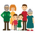 Happy family portrait. Father and mother, son and daughter, grandparents alltogether. Vector illustration.