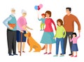 Happy family portrait. Father and mother, son and daughter, grandparents and pet. Big family flat illustration.