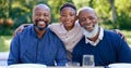 Happy family, portrait and generations of men in nature, summer vacation and memory together with love. Black people Royalty Free Stock Photo