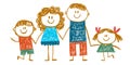 Happy family portrait. Happy family with cheerful smile. Mother, father, sister, brother. Kids drawing style. Little