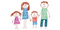 Happy family portrait. Happy family with cheerful smile. Mother, father, sister, brother. Kids drawing style. Little