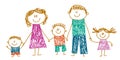 Happy family portrait. Happy family with cheerful smile. Mother, father, sister, brother. Kids drawing style. Little