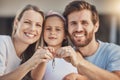 Happy family, portrait and kid with keys for real estate success, new home and moving achievement with love. Face of Royalty Free Stock Photo